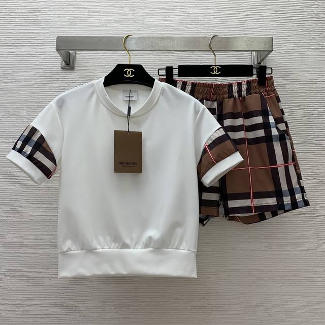 Burberr* New Casual Versatile Set! Plaid Color Block Short-Sleeve T-Shirt Top, C