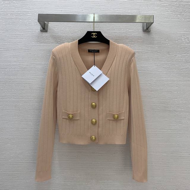 Balmai* New Custom-Made Embossed Gold Button Hollow-Out Ribbed V-Neck Knit Cardi