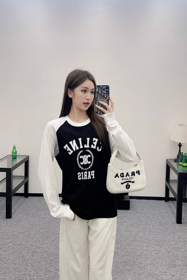 Celin* Early Autumn New High-End Custom Pure Cotton Long-Sleeve T-Shirt with Col