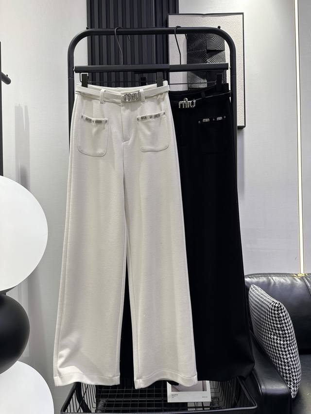 Miumiu - New High-Waisted Front Pocket Rhinestone-Studded Belt Wide-Leg Pants, C