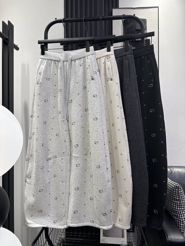 Qoy - New Hello Kitty Cartoon Print Fleece-lined Casual Pants, Thick Fabric, Sup