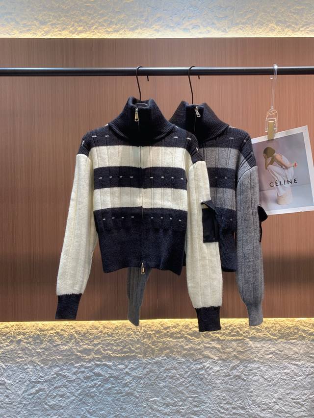 Smfk 2025 Autumn/Winter New Wool Color-Blocked Turtleneck Zipper Cardigan. Conta