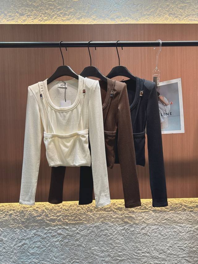 Celine 2025 Autumn/Winter New Merino U-Neck Suspender Faux Two-Piece Top. Made f