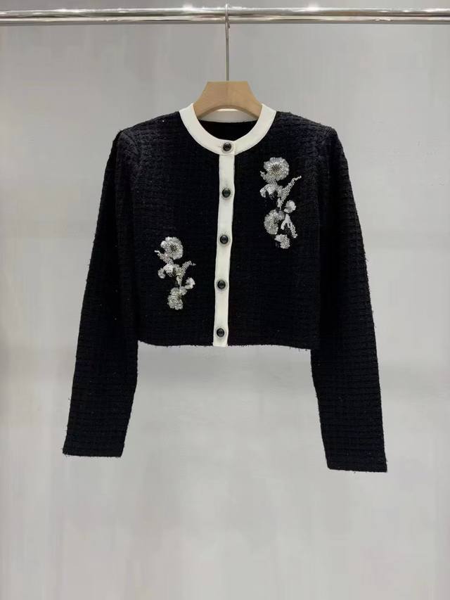 2025 Autumn/Winter New Classic Black Elegant Sequin Embroidered Knit Cardigan Si