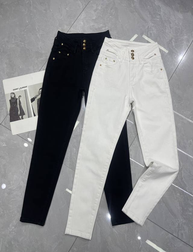 Clein*25 Newest High-Waisted Multi-Button Skinny Jeans Custom metal buttons, hig