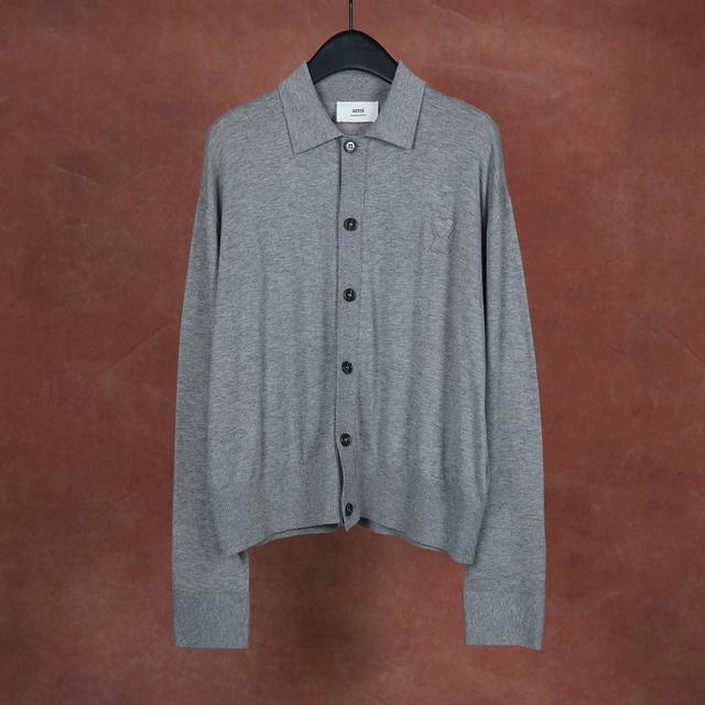 Ami 25 Autumn/Winter New Style Lapel Thin Embossed Knit Cardigan 16-gauge Wool C