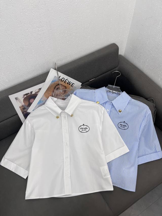 Hot Selling Prada Short-Sleeve Shirt with Classic Prada Logo on Chest, Collared,