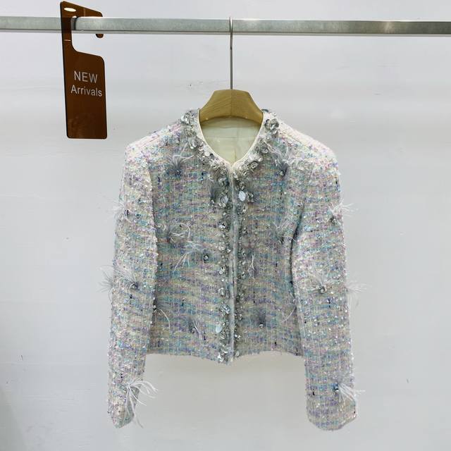 New Custom Yarn Candy Color Hand-Beaded Ostrich Feather Jacket Top Smlxl Ddd