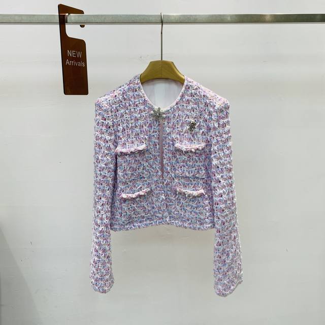 New French Chanel-style Dreamy Purple Sequined Woven Round Neck Knit Cardigan To