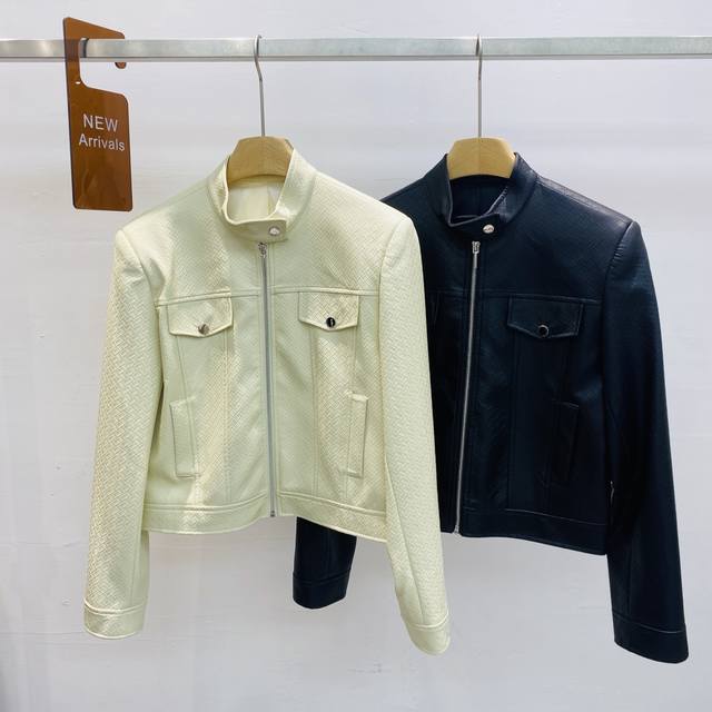 New woven texture stand collar PU leather high-end cool biker jacket top Smlxl D