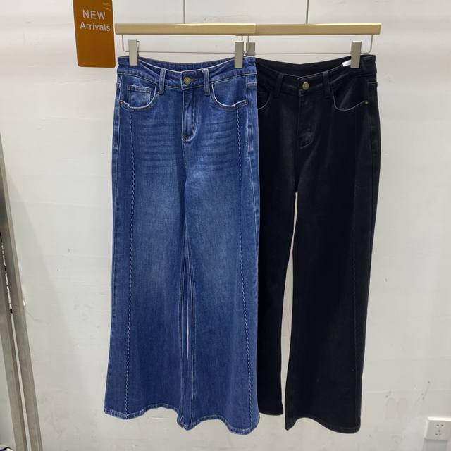 New Washed Striped Jeans with High-Waisted Wide-Leg Flare, Slim Fit, Slim Fit, S