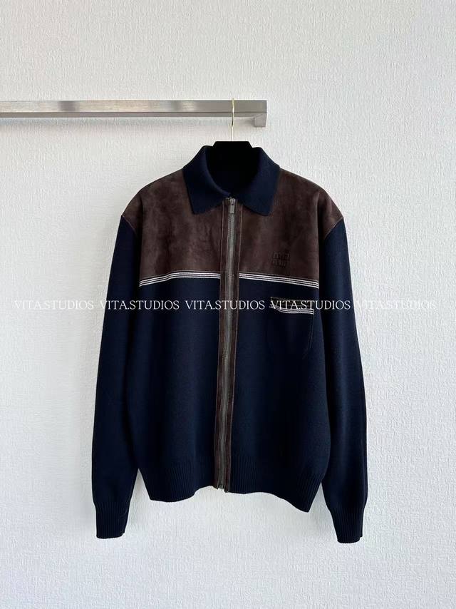 New Arrival Pre-sale Color-blocked Zipper Cardigan Made of 100% wool and suede s