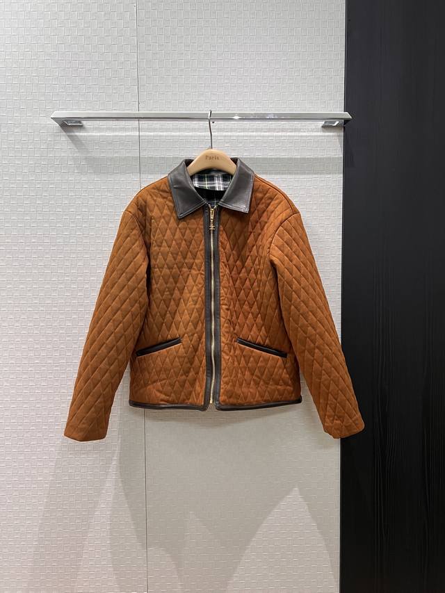 Autumn/Winter Patchwork Leather Collar Quilted Diamond Pattern Suede Cotton Coat