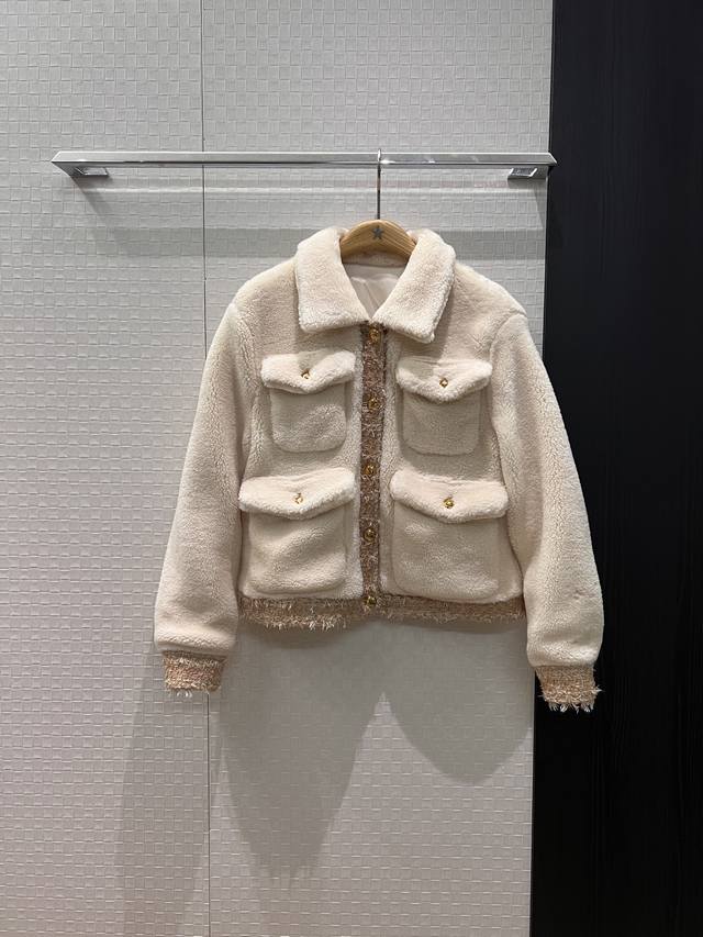 New Arrival! Triumphal Arch Gold Button Lapel Teddy Fur Coat with Tweed Patchwor