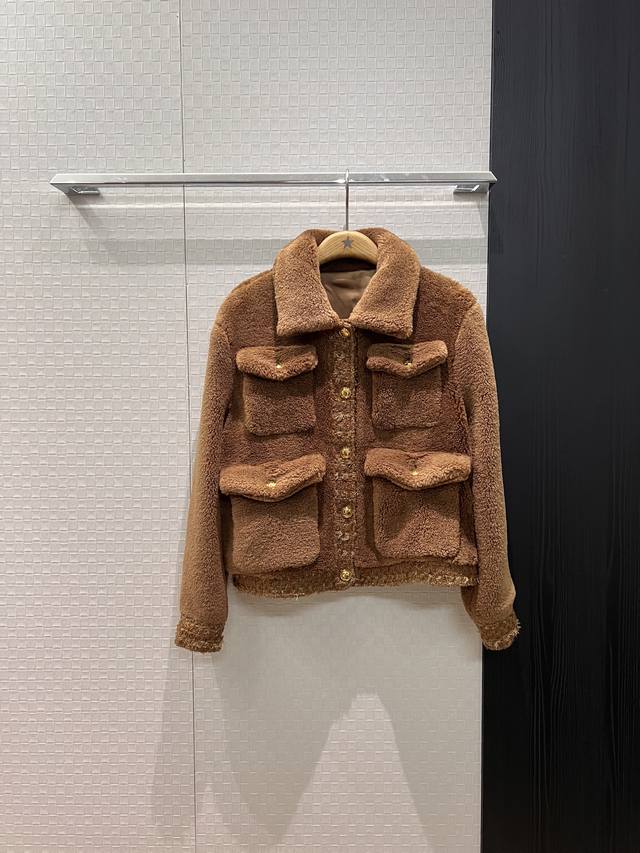 New Arrival! Triumphal Arch Gold Button Lapel Teddy Fur Coat with Tweed Patchwor