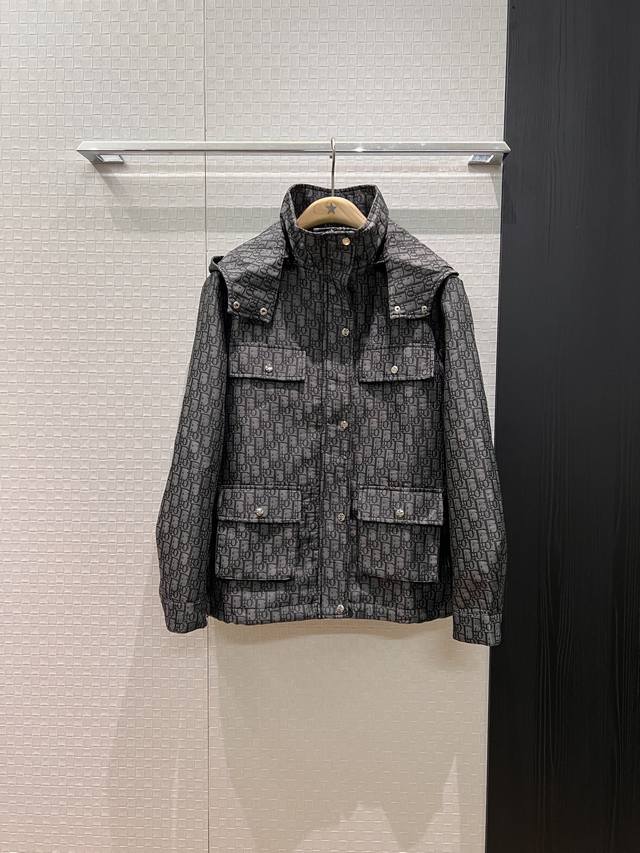 New Grey Classic Logo Letter Jacquard Stand Collar Hooded Jacket, Detachable Hoo