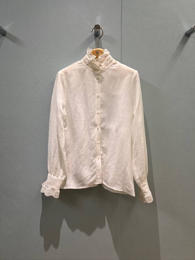 New embroidered lace stand-up collar linen shirt with prominent logo decoration