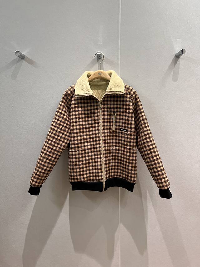 New runway style retro plaid faux lamb wool lining fleece jacket, fluffy and war