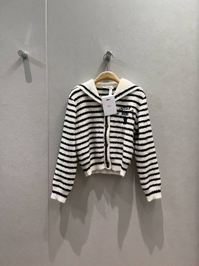 New 26 Early Spring Resort Navy Collar Striped Terry Wool Knit Cardigan, College