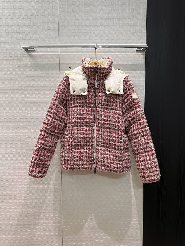 New Moncler Color Block Hooded Tweed Stand Collar Short Down Jacket Coat, Detach