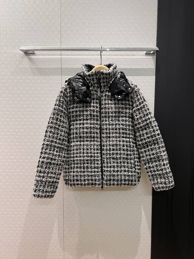 New Moncler Color Block Hooded Tweed Stand Collar Short Down Jacket Coat, Detach