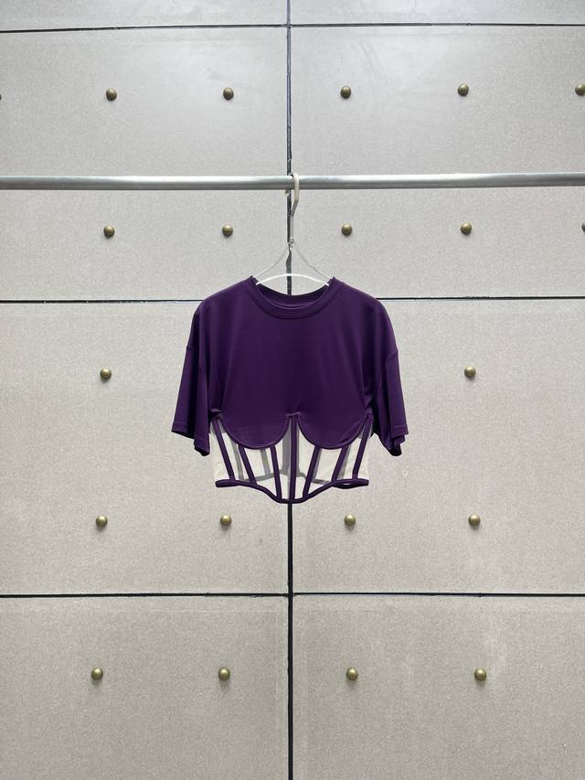 Herringbone mesh patchwork short-sleeved top! Tencel blend, three colors, S, M,