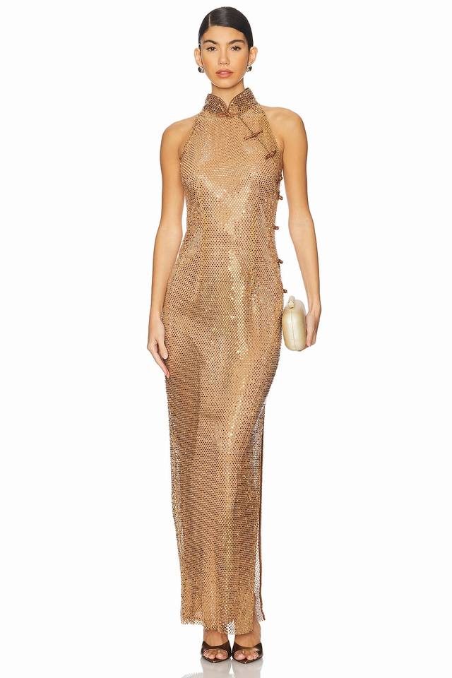 A modern, innovative Chinese-style dress with openwork and full rhinestone detai