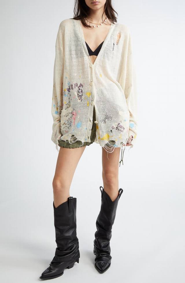 13 Graffiti Print Ripped Linen Knit Cardigan! Linen Sml Ddd