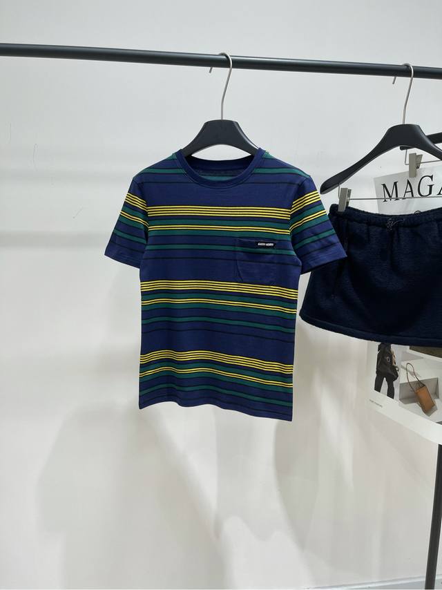 M Yellow, Blue, and Green Striped Pocket Short-Sleeve T-Shirt, Fabric: 100% Cott