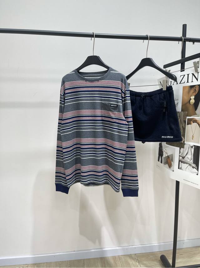 M Pink and Gray Striped Single Pocket Crew Neck Long Sleeve T-Shirt, Fabric: 100