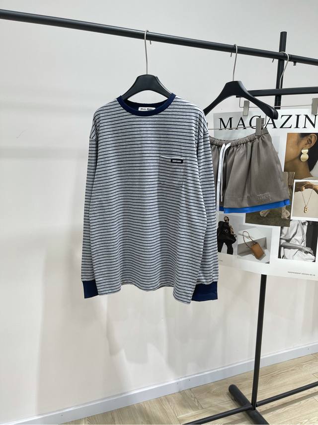 M Liu Haocun Light Gray Striped Long-Sleeve T-Shirt, Fabric: 100% Cotton, Color: