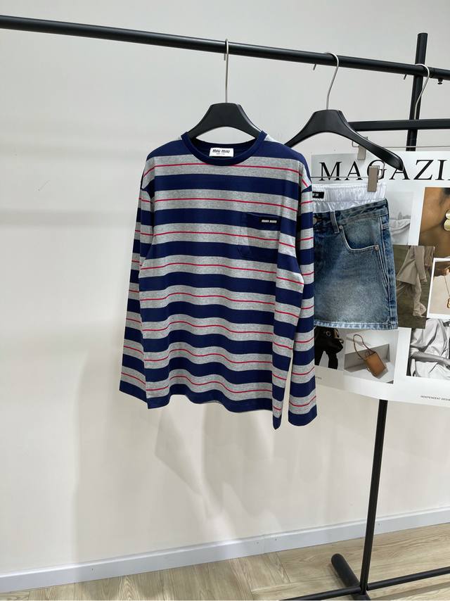 M Gray-Blue Striped Pocket Crew Neck Long Sleeve T-Shirt, Fabric: 100% Cotton, C