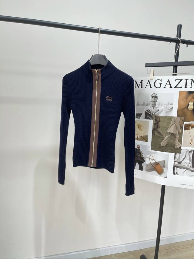 M Navy Blue Ribbed Stand Collar Leather Zip-Up Cardigan, Fabric: Sheep Wool, Col