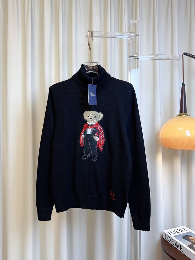 Po* New Craft Bear Cartoon Logo High-Neck Wool Top. Custom-made wool fabric, hig