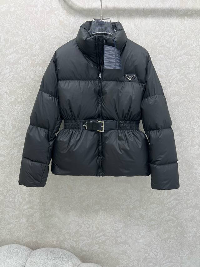 Prad*25 New Stand Collar Leather Belt Waist Down Jacket, Mid-Length, Three-Dimen