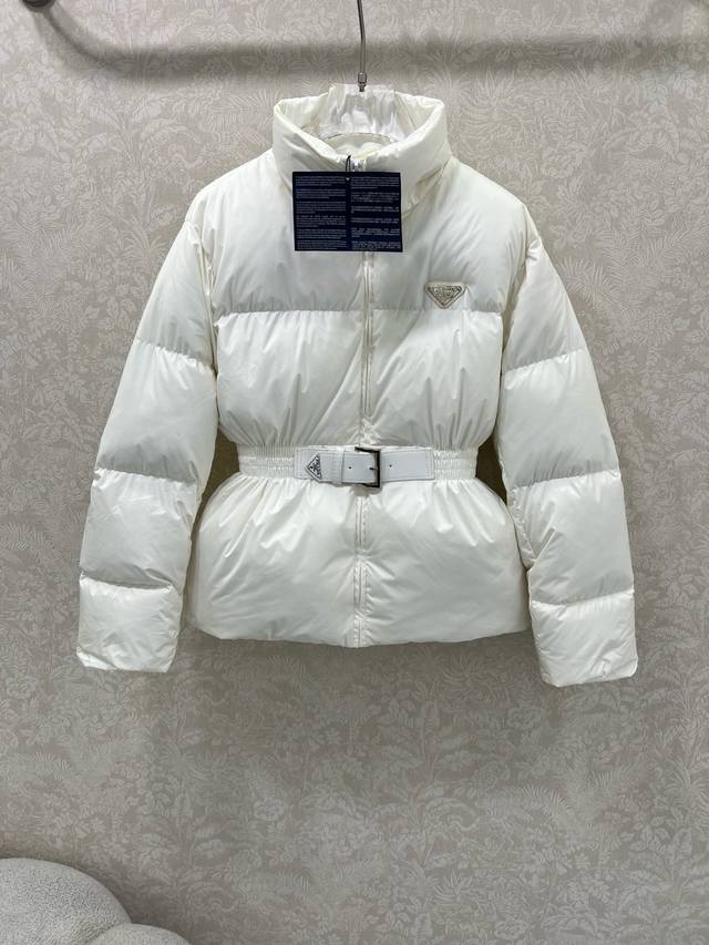 Prad*25 New Stand Collar Leather Belt Waist Down Jacket, Mid-Length, Three-Dimen