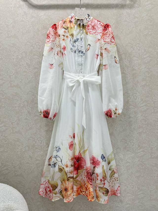 Zimmerman*Zimmerman 2025 New Peony Floral Print Dress, stylish stand-up collar w