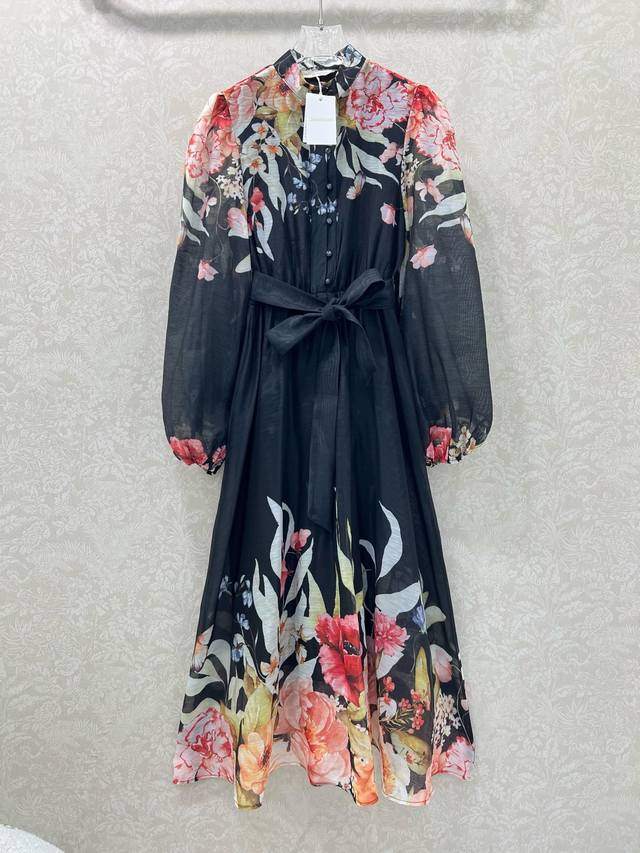 Zimmerman*Zimmerman 2025 New Peony Floral Print Dress, stylish stand-up collar w