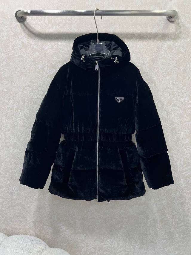 Prad*25 Autumn/Winter Hooded Slim-Fit Velvet Down Jacket Custom Yb Imported real