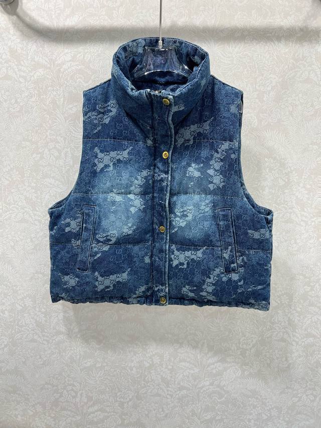 Gucc*25 New Denim Down Vest, 90% White Duck Down, Denim Series, Stand Collar, Gr