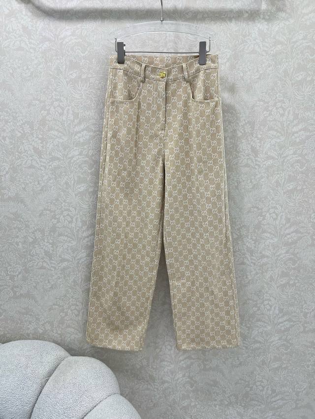Gucc*25 New Double G Jacquard Waistband Single Button Wide-Leg Pants - A retro s