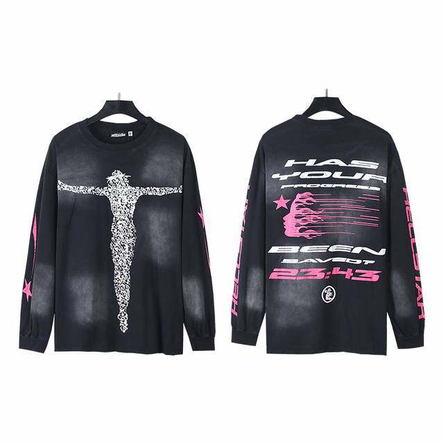 652# Real Shot Hellstar Distressed Washed Cotton Loose Fit Long-Sleeve T-Shirt (