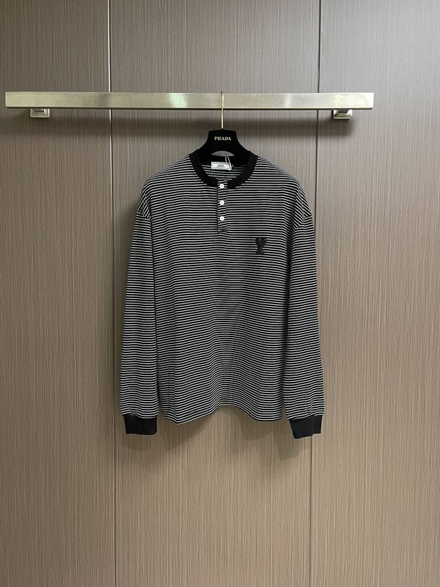 Ami 2025Ss Autumn New Classic Heart Striped Long-Sleeve Knitted T-Shirt, made of