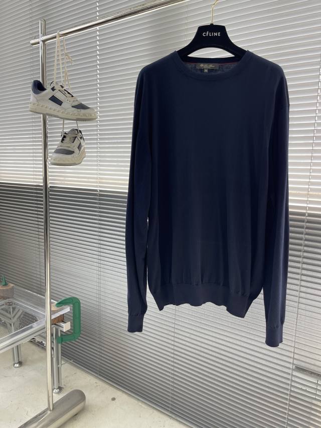 Loro Piana 25Fw New Solid Color Crew Neck Cotton Knit Sweater Men's Navy Blue (D
