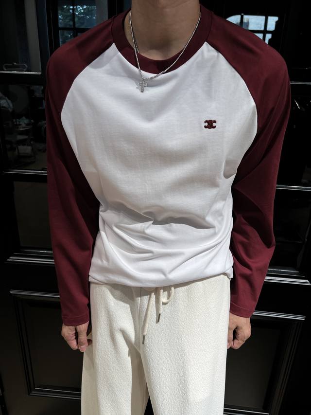 Celine 2025 Early Autumn New Embroidered Logo Color Block Long-Sleeve T-Shirt fo