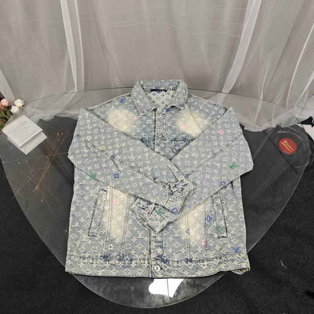 New Spring LV Jacquard Denim Jacket! 100% Cotton Distressed! Leading the Fashion