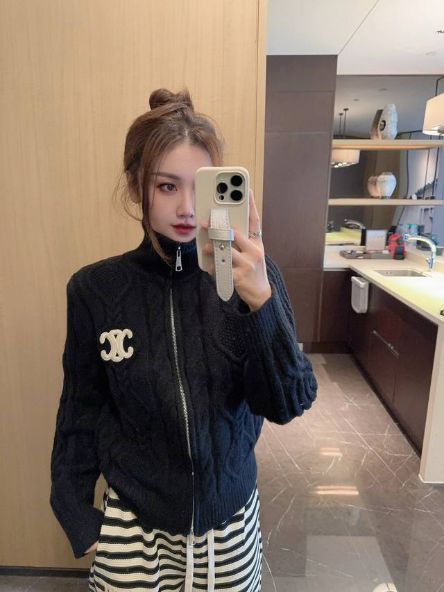 Celine Arc de Triomphe front and back heavy embroidery diamond cable knit stand