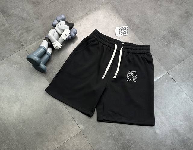 Loewe brand embroidered logo drawstring five-point shorts, terry cloth sweatpant