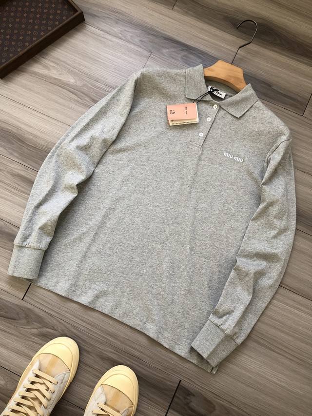 Miu Miu Ss25 Logo Embroidered Long-Sleeve T-Shirt for Men and Women, Business Co