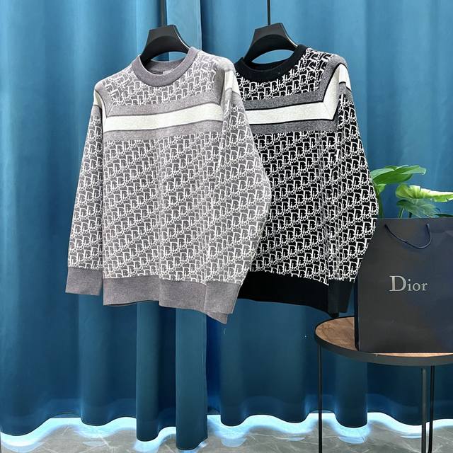Heavyweight High-Quality Dior Jacquard Wool Knit Sweater, Unisex, 500g Weight, a